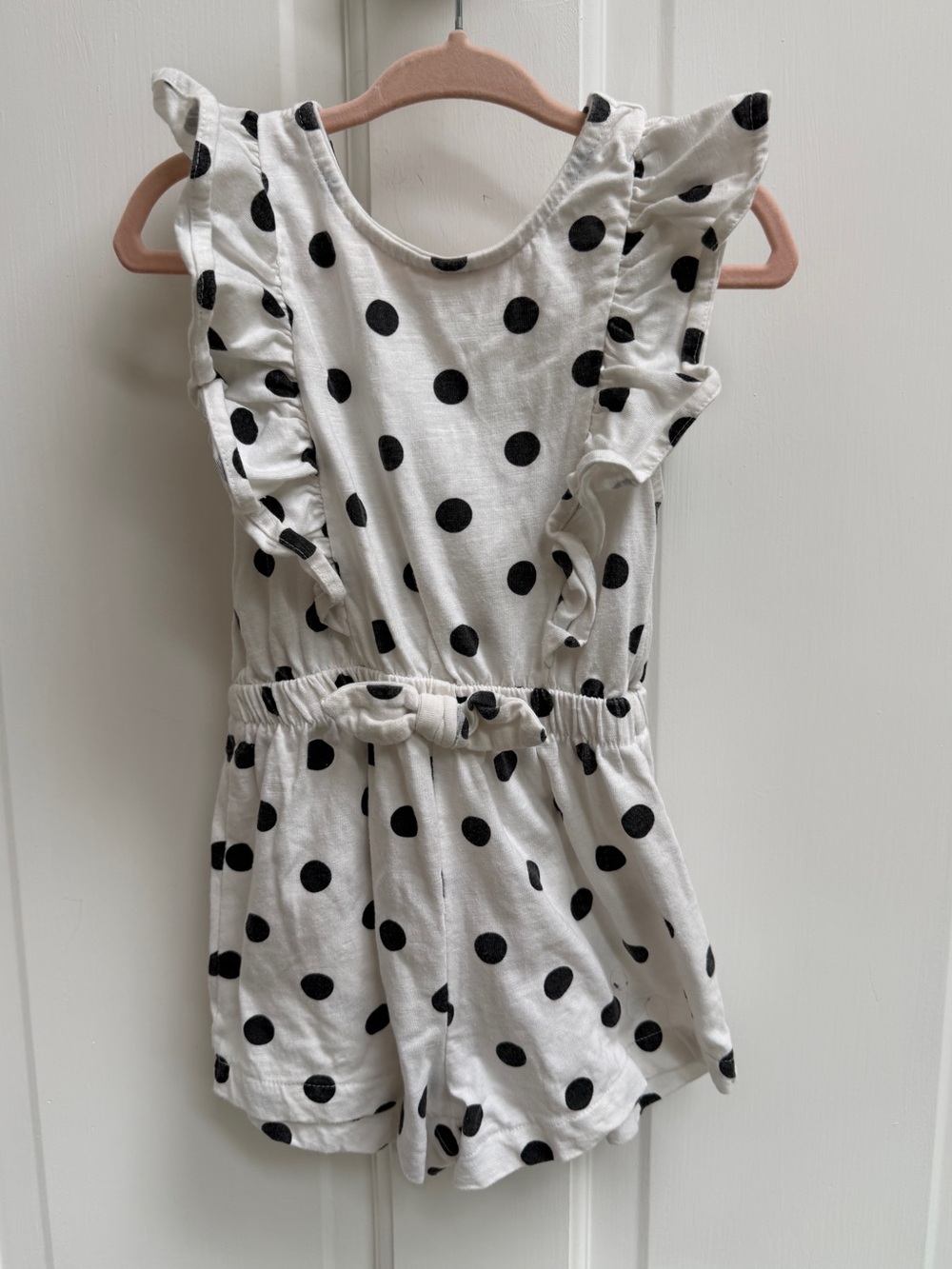 Jessica Simpson Girls 4 White Romper with Black Polka Dots and Ruffle Sleeves